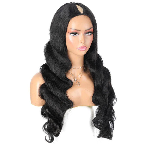 Long black wavy wig with V part