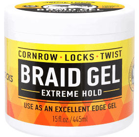 Container of All Day Locks Braid Gel with yellow and black label