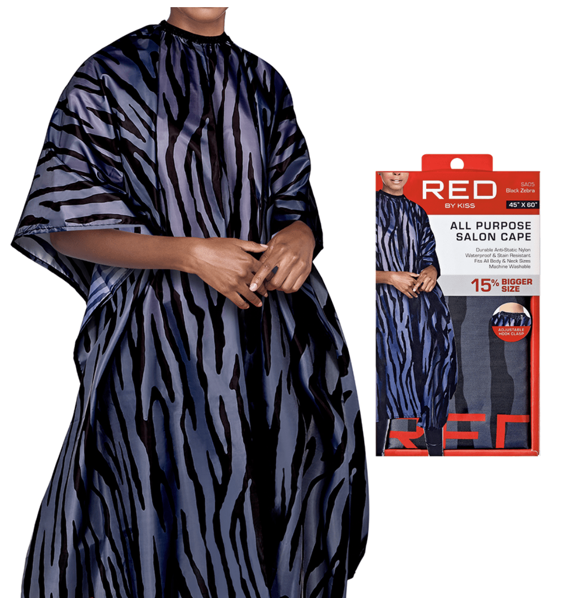 Red by Kiss Salon All Purpose Salon Cape Black, Zebra Nylon #SA05